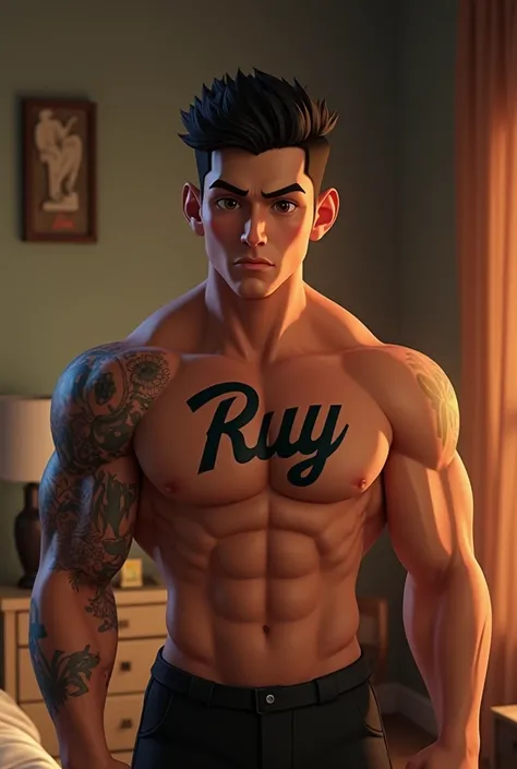 a young man AI high quality muscular tattoo with name “ruy” tan skin piercing gaze with realistic animated bedroom background