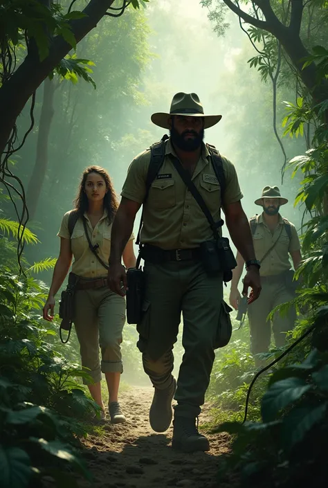 Lily the archeologist and Carlos the local guide teams up with Dante (one of the mercenaries, big and bad man with a hat). In the jungles. Others mercenaries are being seen behind them wearing maks.