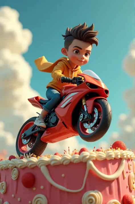 I need a image of a cake  in which a very thing boy riding a bullet bike