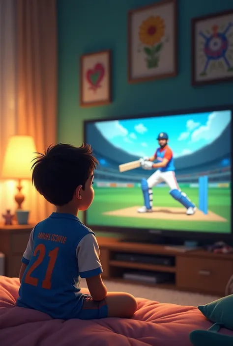 A boy watching his room MS Dhoni batting in TV video Indian t-shirt name Harsh