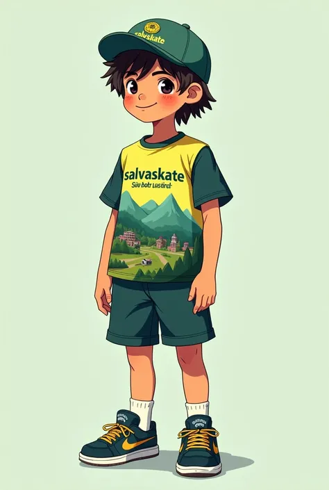 s uniform (cap, shirt and shorts) for a Skate project named "SalvaSkate" non-uniform writing.
The uniform may have references to favelas and the colors of a well-forested city park without mountains, but you can put favela hills and nothing related to wate...