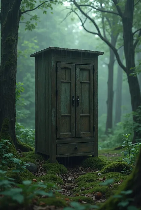 A cabinet in a forest during rain