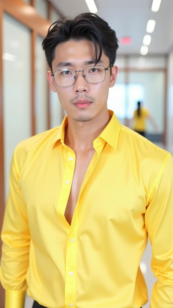 Korean gentleman,super big breasts ,teacher,shiny tight clothes, tanned skin,clean shave,walk the hallway,Handsome and elegant,wear glasses, sexy , Masculine and handsome，musculous，Muscles look good,,, Full body photo,(ultra-detailed, photorealistic, best ...