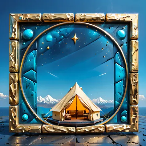 glamping、symbol、three-dimensional、shine、shine、gold、the background is blue sky、the periphery is a luxurious frame.