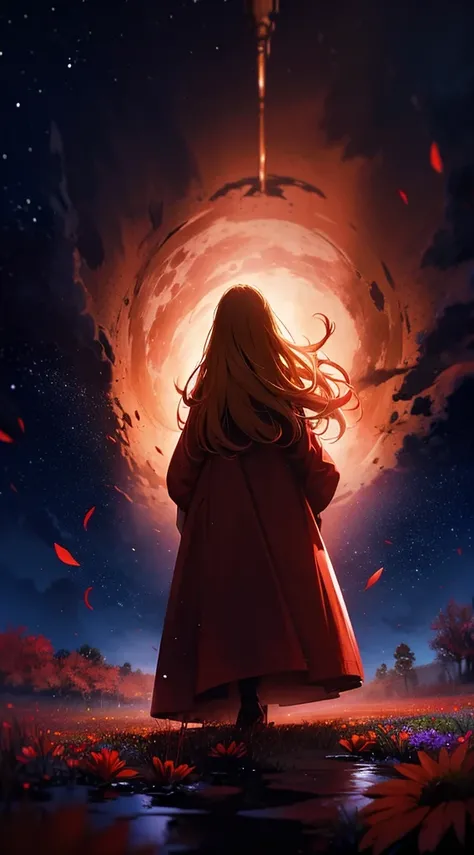 １people々々々々,Blonde long-haired woman，A long red coat， Dress Silhouette， Rear View，Space Sky, Flower Field，Colorful flowers