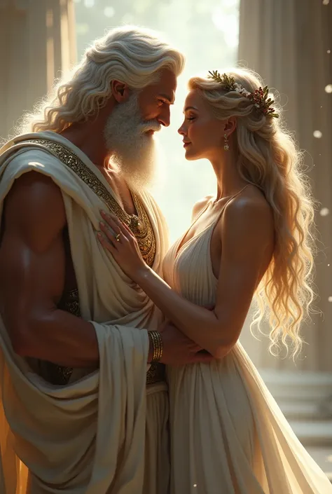 Zeus with white hair and beard is flirting with Aphrodite, white dress and blonde hair who is more distant from him 
