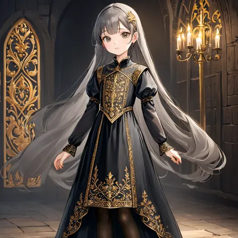 8 year old medieval girl, Gold embroidery、Black translucent long one-piece dress, gray translucent tights, realistic fabric, highest quality