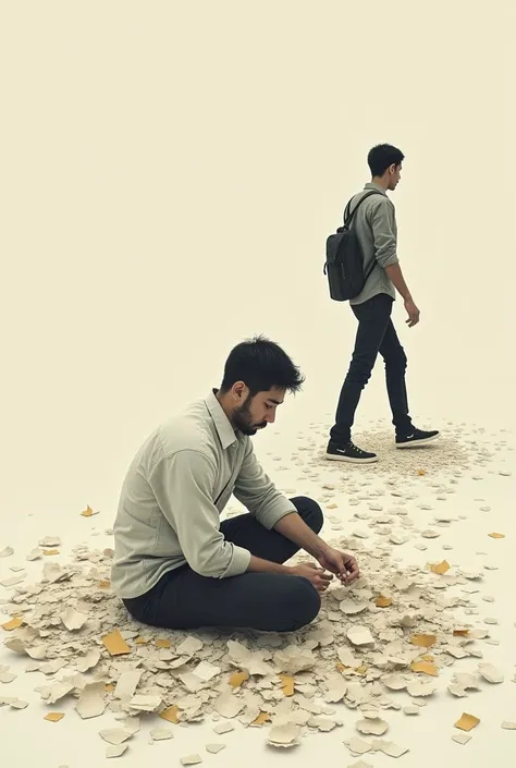 A man sitting in the ground close view collecting a teared paper pieces, another man walking over that papers and walking away