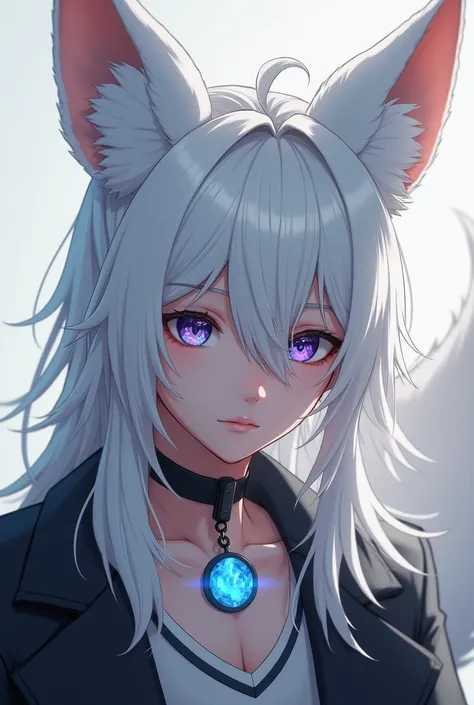 Boy between 16 and  with long hair, white fox ears and tail with blue and purple heterochromia, with a black necklace with a 5cm round pendant of translucent blue crystal 