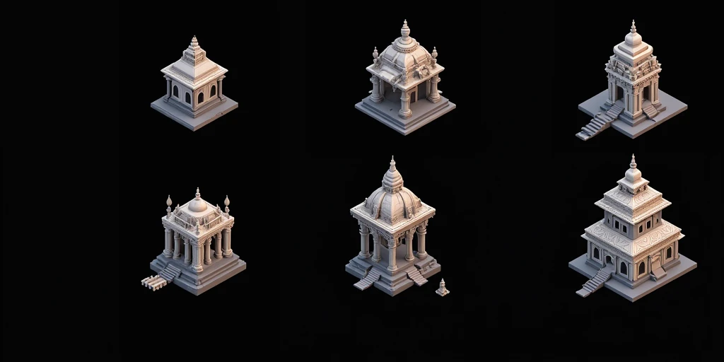 a close up of a bunch of different temples with a clock on top, detailed temples, small temples, temple details, isometric palace, ancient buildings, prerendered isometric graphics, buildings, game assets, isometric game feature, large temples, Isometric v...