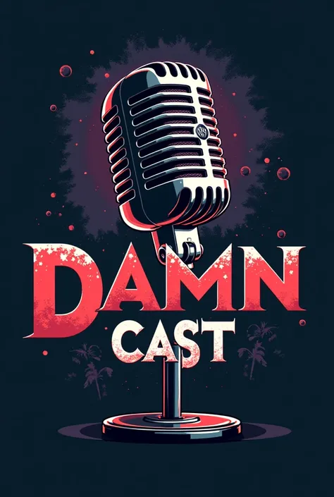 Podcast logo with the name Damn cast with a microphone in the background