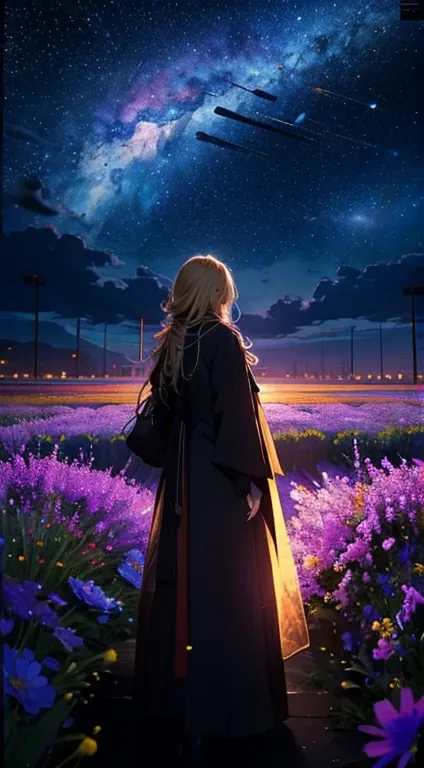 １people々々々々々々々々々,Blonde long-haired woman，Long coat， Dress Silhouette， Rear View，Space Sky, Flower Field，Colorful flowers