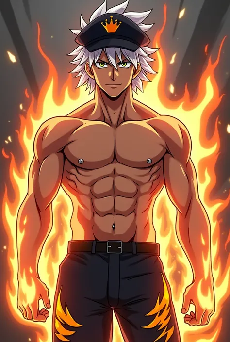 Anime boy with white hair and manly face ,shirtless,with flames on the body ,with dark cap,The cap has a small orange crown ,The pants are dark with wings drawn on the sides ,The drawn wings are golden and shine ,the hair under the cap,the hair is brown 
,...