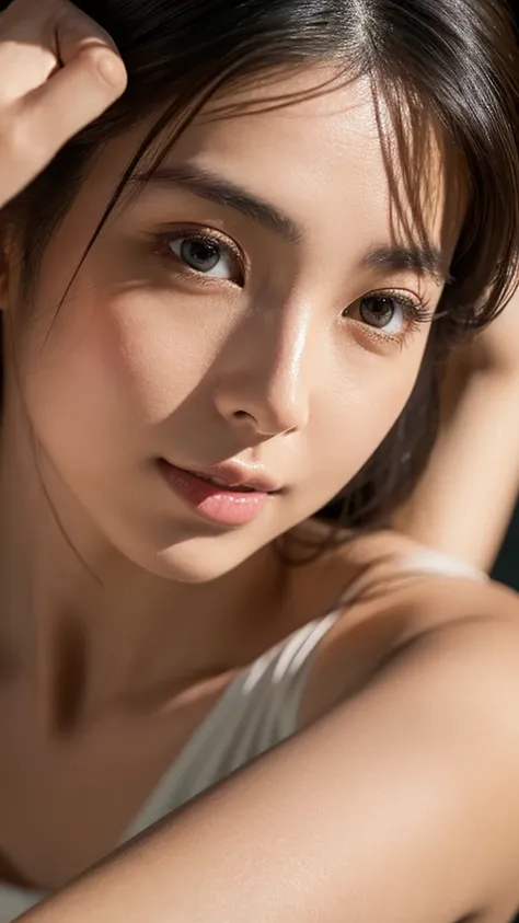 An ethereal and breathtakingly beautiful Japanese model and actress in her early 20s, depicted in an ultra-high-definition 4K close-up that reveals every intricate detail of her facial features. Her skin is hyper-realistic, with a flawless complexion featu...