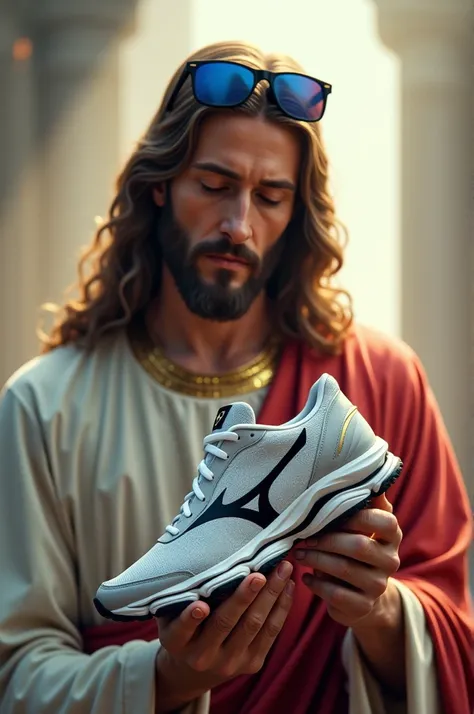 Jesus holding a Mizuno Prophecy 13 sneaker in his hand and wearing Oakley sunglasses