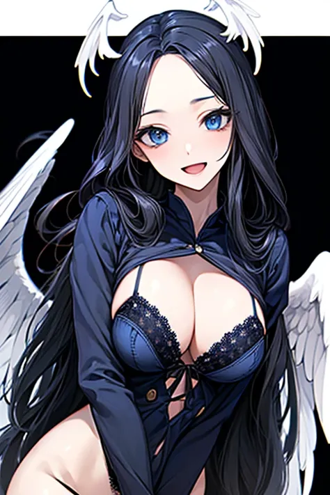 (((forehead))), (((navy lingerie))), (((white angel wings))),Very detailed、highest quality、Best image quality、masterpiece、8k、Anime Face、A kind smile、Open Mouth、((black long hair:1.5))、((big breast)), sexy、 beautiful body 、Cowboy Shot, Sexual Intercourse, (...