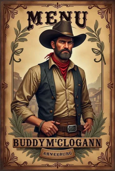 première de couverture format A4 dun livre en style vintage de menu avec écrit:
"Menu saloon Annesburg
Buddy Mclogann"