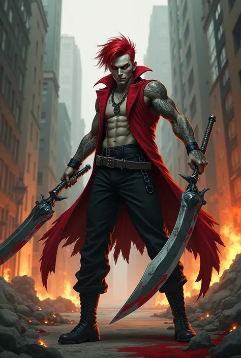 General plan 1 man, young man with red hair, he has pale white skin. his eyes are red and black without any trace of white (bright red pupils and black iris) (crazy and scary eyes), he has a sadistic smile (sadistic smile) and a terrifying look, he is athl...