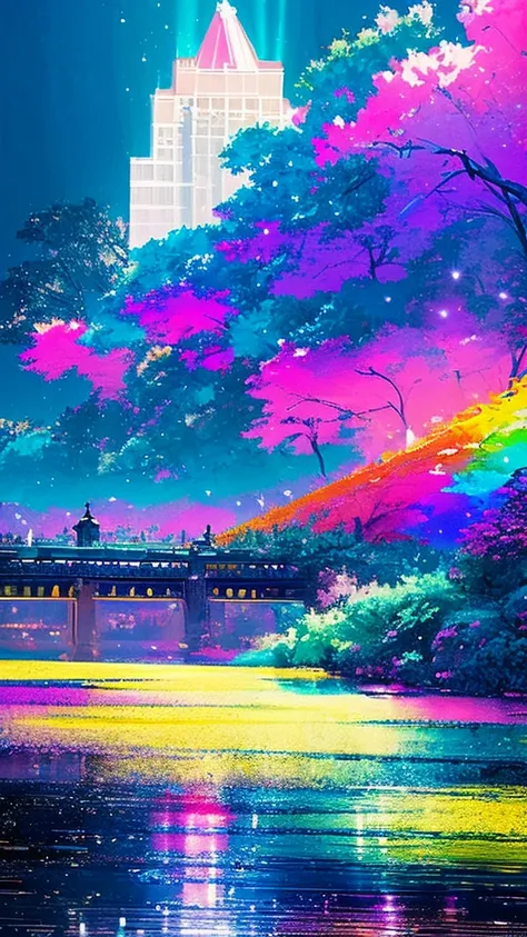 Colorful Metropolitan Museum of Art、Painting of a river with stars and moon in a rainbow sky、Met、輝くskyscraper、Shine overall、skyscraper、Concept art inspired by Tosa Mitsuoki、Pixiv Contest Winners、Highest quality、Fantasy art、Beautiful anime scene、Bright Moon...