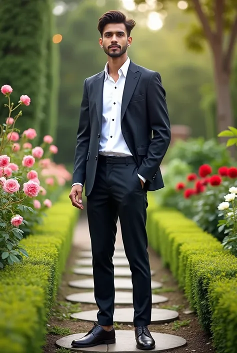 18 year old Indian boy handsome wearing formals posing for Nadeem beautiful gardensin background