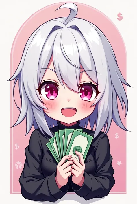 I want a profile logo like an anime character with white hair and pink eyes holding money