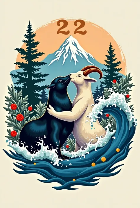 A logo of a seal and a goat together. You need a mountain and a wave in the background. You need number 22. The seal and the goat must be in love.