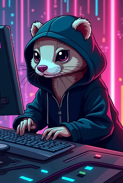 ferret animal in black hooded coat with neon lines hacking a network cartoon style