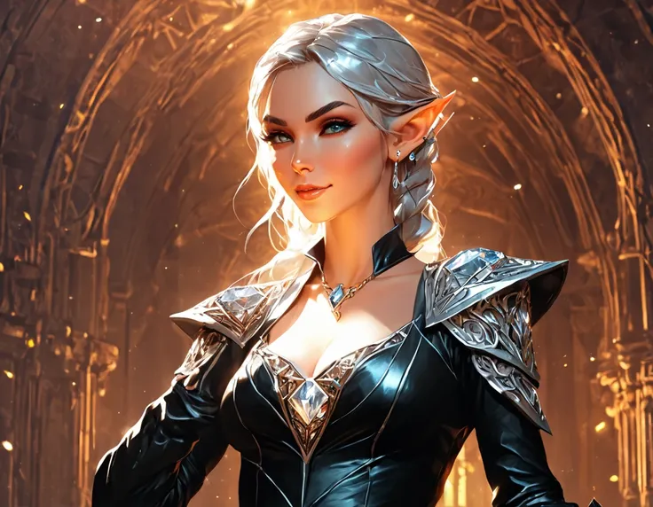 a picture of an elf thief holding an epic diamond in a vault, a female elf thief, full body, small pointy ears, dynamic hair col...