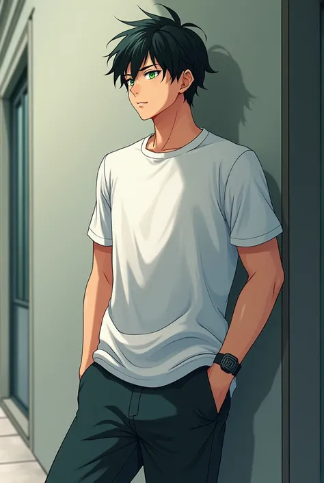 A tall 14-year-old anime fantasy bully boy who looks 1, with shiny green eyes and rather serious, with a precious white short sleeve shirt and expensive black sneakers , black hair and a gentle smile on his lips, his look is a sign of his kindness. He lean...