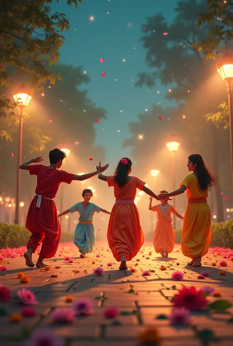 Beautiful boys and girls they are all adults play gaba in a big ground with public good lights, good environment, flowers in floors, sparkles, and happy moment they wear Indian traditional dresses