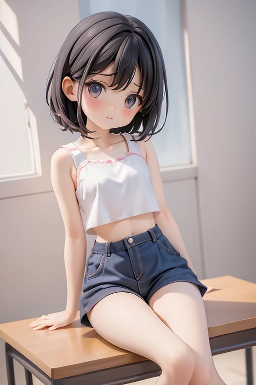 underwear、bra、shorts、Girl、Girl、Mini character、Deformed character、Primary school students、small、Black Hair,、The forehead is visible、Forehead、Sitting with legs crossed
