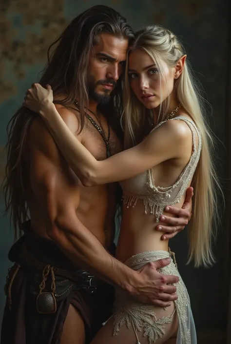 Beautiful elf girl , 18 y.o., long straight hair,bperfect figure, sexy transparent harem outfit , exposed breast, hugged by mighty warrior from behind, a man is undressing her, she is his sex slave, sex from behind, passion