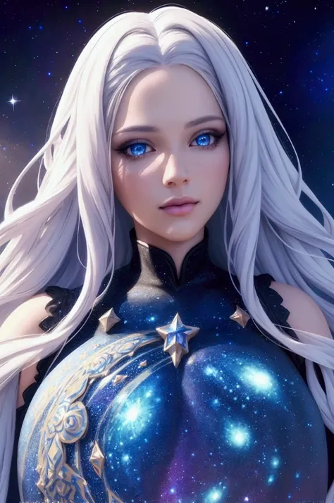 a beautiful detailed princess, long white hair, blue eyes reflecting the galaxy, wearing a short tight dress with designs of man...