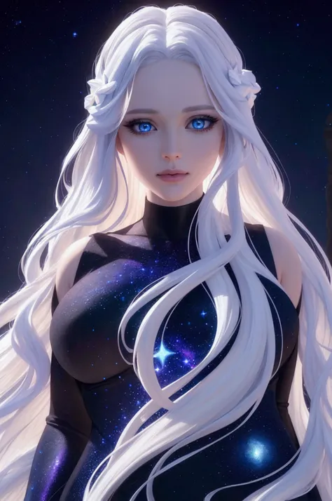 a beautiful detailed princess, long white hair, blue eyes reflecting the galaxy, wearing a short tight dress with designs of man...