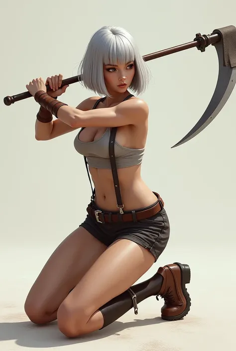 Super realistic, High Detail Face, Clean and delicate face, from blow, 1 lady, whole body, On one knee and Swinging a long Halberd with one hand, grip the Halberd anatomically correctly, Silver bob hair, blunt bangs, wearing a croptop and Baggy shorts with...