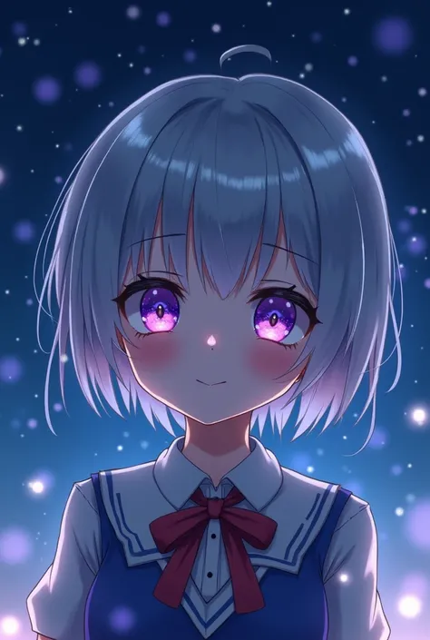 Schoolgirl,short hair,silver hair,purple eye,starry sky,smile,crying