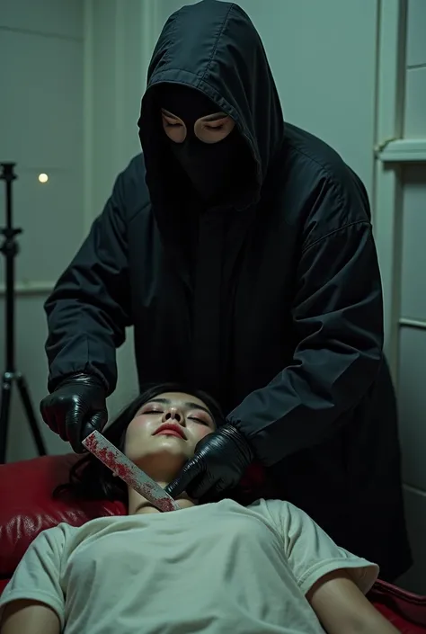 korean girl, (behind stiff, black balaclava mask), holding knife, stabbing, black leather gloves, bath room, black raincoat, girl only, holding knife, leather gloves, woman on top, behind cadaver, looking at viewer, blood splatter, night, mass murderer, ki...