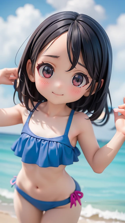 Swimwear、Girl、Girl、Mini character、Deformed character、Primary school students、small、sharp、Black Hair,、The forehead is visible、Forehead、
