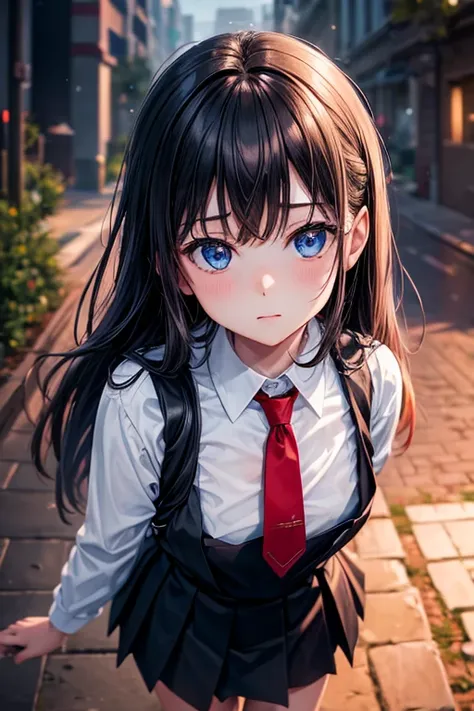 ((masterpiece, Best Quality)), Insaneres, absurdities, Alone, outdoor,
CLOTHES_black bible_school dress_propiowaifu, 
1 girl, by rubio,  by the wide, blue eyes, 
black vest, Red skirt, White shirt, collar shirt, suspenders, School uniform, black thighs, Th...