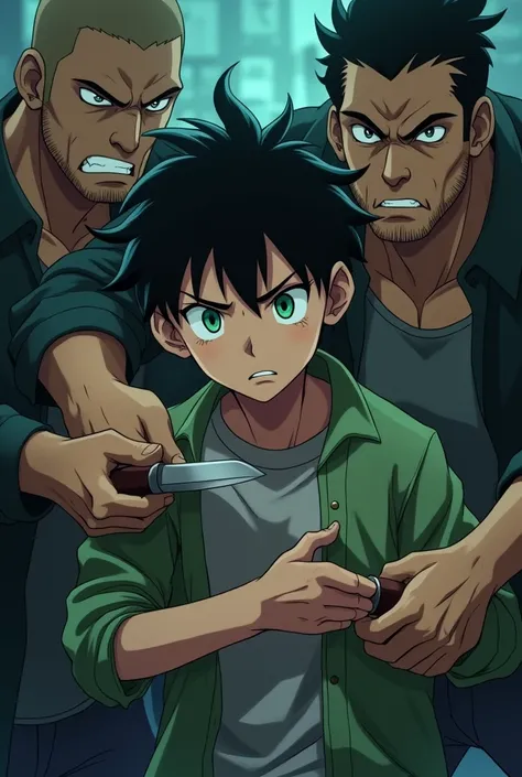 14 year old boy with black hair, green eyes is being kept hostage by some thugs, one of the thugs is holding him tight and put a knife on his neck anime