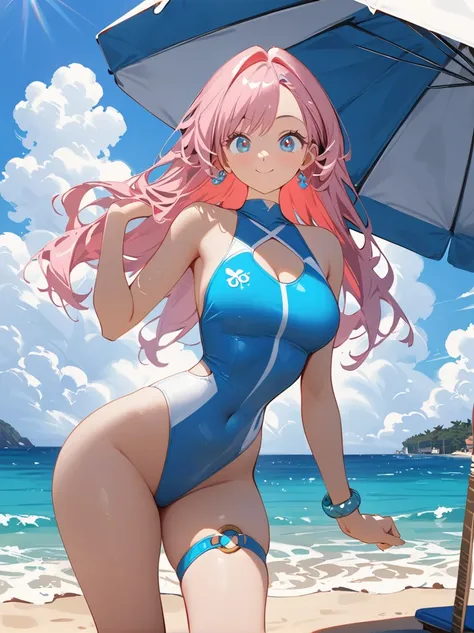 smile,onepieceswimsuits,beach,sunny,parasol,day,blue_ocean,full_body,beautiful_pink_hair,multicolored_hair,beautiful_bronde_eyes...