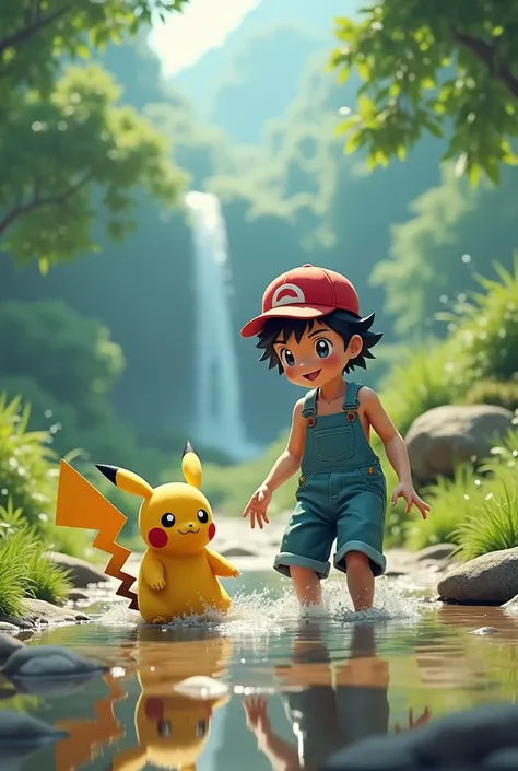 Ash and pikachu. Ash wearing overalls and no shirt. playing in a puddle.