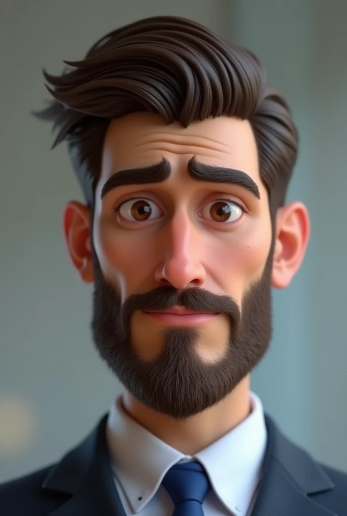 32 year old man ,Pixar-style ,no smile , with business attire with blue detail, Dark brown hair color , Brown eyes , And with a beard 