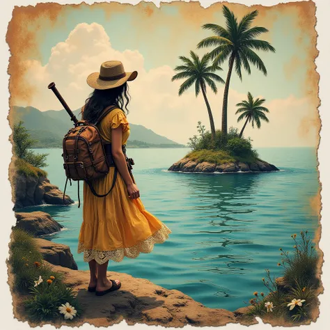 Expedition Recruitment Poster"Treasure Island Exploration  (Super detailed alcohol ink painting of a stunning treasure island and a female explorer:1.2), Made from a patch of vintage script paper、Stress-Free Mixed Media Masterpieces, Ephemera, Torn card, j...