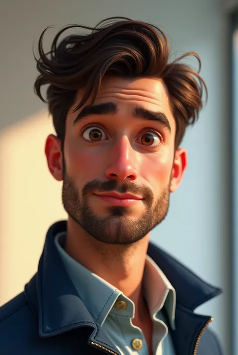 32 year old man ,Pixar-style , facial ,without smiling ,comely, with business attire with blue detail, Dark brown hair color , Brown eyes , And with a beard .