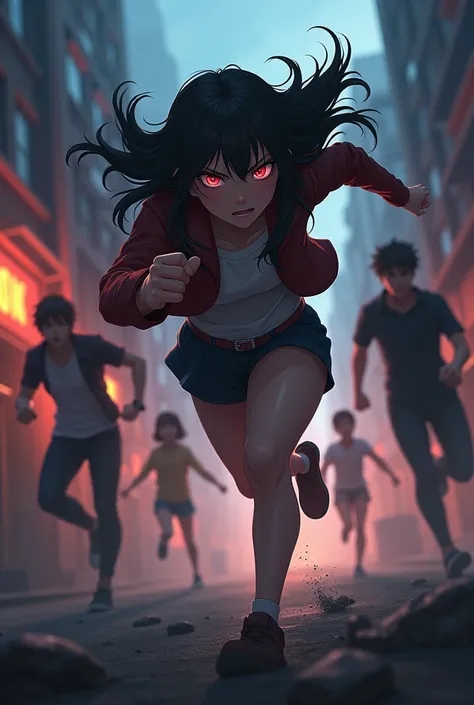  16 year old sister  who is a girl with black hair red eyes  running towards the thugs to save her brother anime