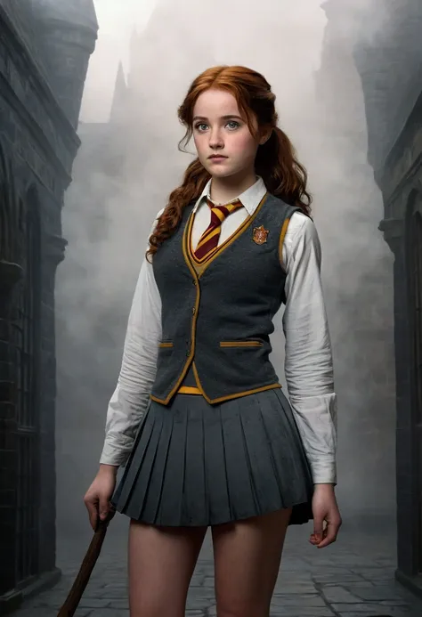 An illustrated movie poster, hand-drawn, full color, a teenage Hogwarts student, 18-years-old, female, wearing a charcoal vest and a pleated skirt, athletic hourglass figure, full wide hips, massive round butt, long shapely legs, ridiculously thick powerfu...