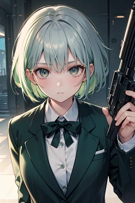 Wearing a blazer，Expressionless，Hiding the mouth，Green Hair，Short Hair，Young face，Silver eyes，Shooting a gun，