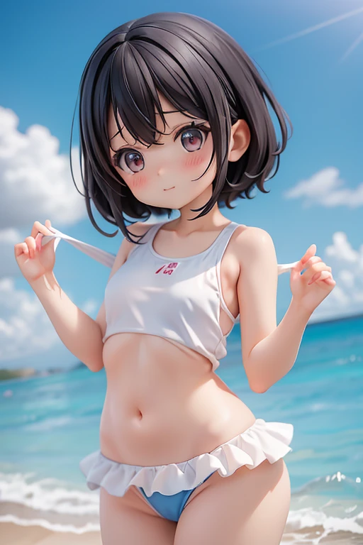 Swimwear、セパレートSwimwear、Girl、Girl、Mini character、Primary school students、small、Black Hair,、The forehead is visible、Forehead、whole body
