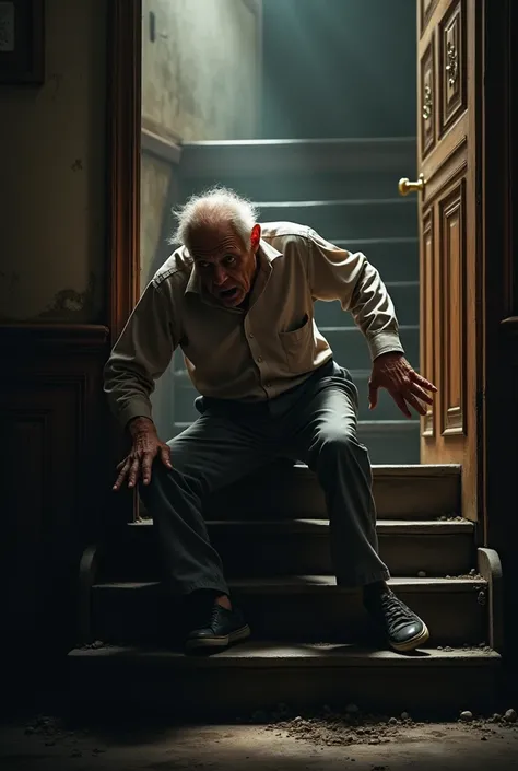 An image of an elderly man falling down the stairs due to a stroke